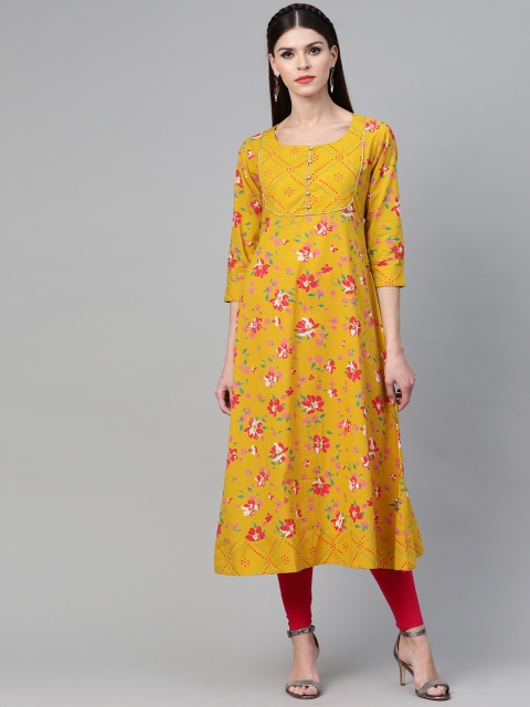 

See Designs Women Mustard Yellow & Red Screen Print A-Line Kurta