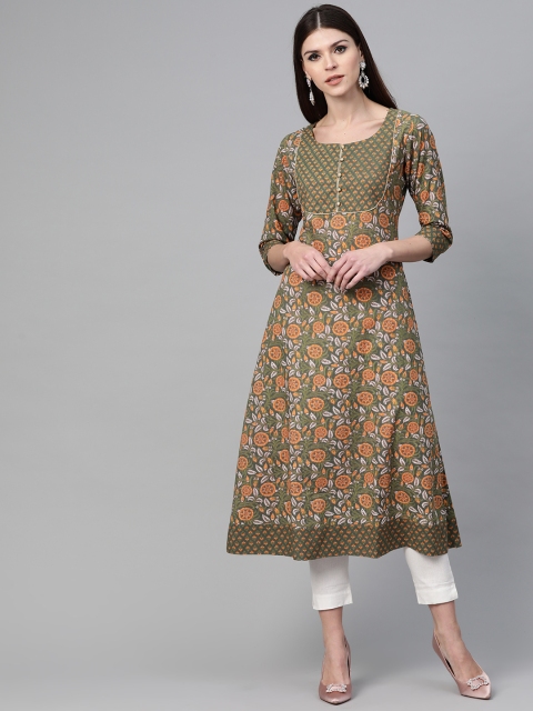 

See Designs Women Green & Orange Screen Print A-Line Kurta