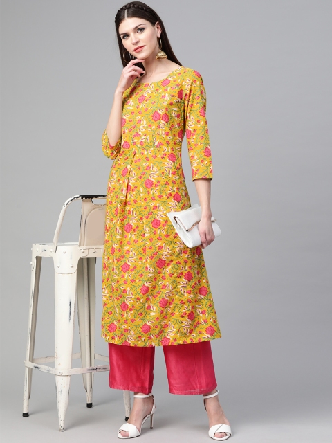 

See Designs Women Mustard Yellow & Pink Screen Print A-Line Kurta