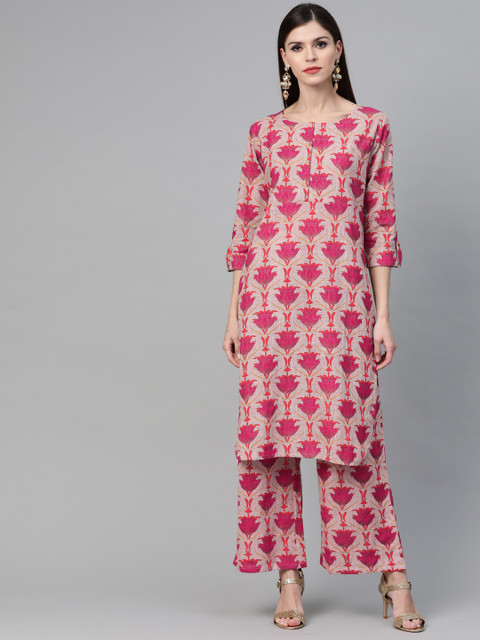 

See Designs Women Beige & Pink Screen Printed Kurta with Palazzos