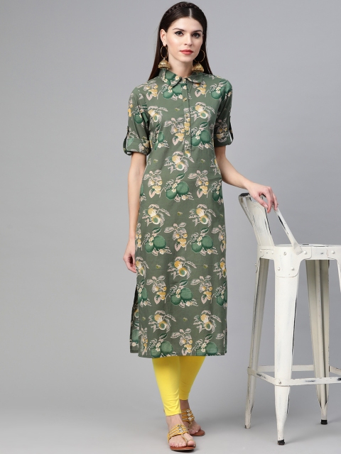 

See Designs Women Green & Yellow Screen Print Straight Kurta