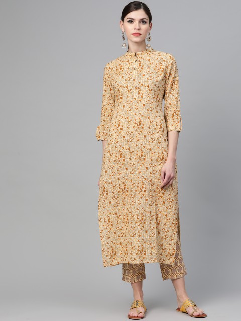 

See Designs Women Cream-Coloured & Mustard Yellow Printed Kurta with Trousers
