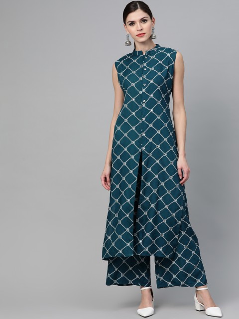 

See Designs Women Teal Blue & White Printed Kurta with Palazzos