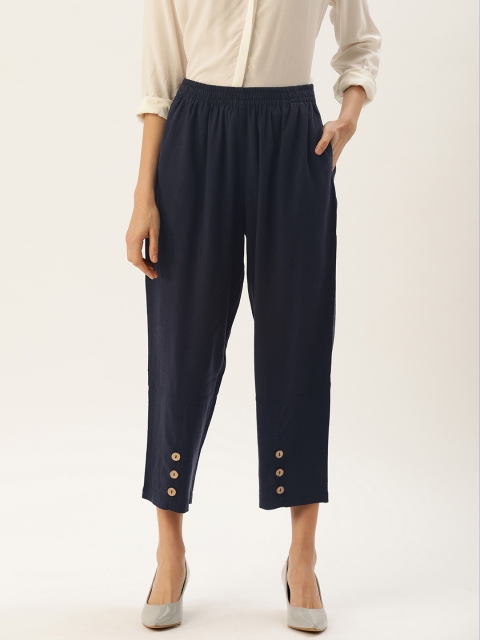 

MERAKI Women Navy Blue Regular Fit Solid Sustainable Cropped Trousers