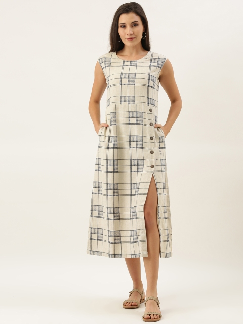 

MERAKI Women Beige & Blue Checked Sustainable Sheath Dress with Slit Detail