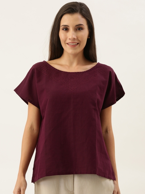 

MERAKI Women Burgundy Solid Linen Sustainable Top with Embroidered Detailing