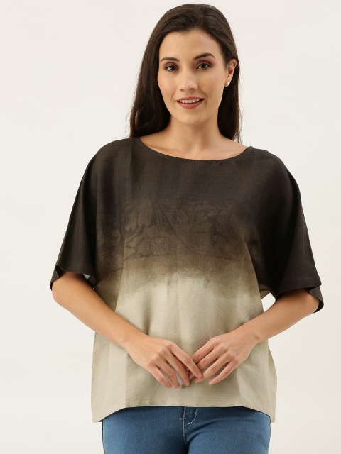 

MERAKI Women Beige & Brown Printed Boxy Ombre Linen Sustainable Top