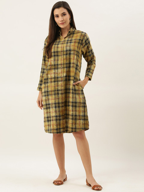 

MERAKI Women Mustard Yellow & Black Dye Sustainable Checked Shirt Dress