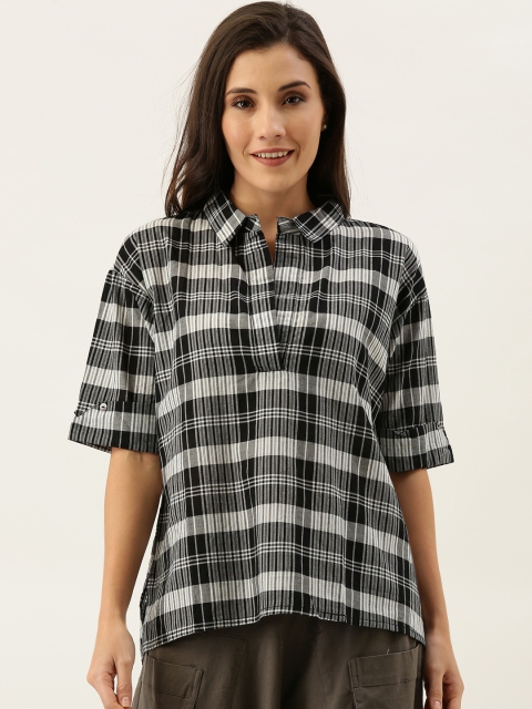 

MERAKI Women Black & White Checked Boxy Pure Cotton Top