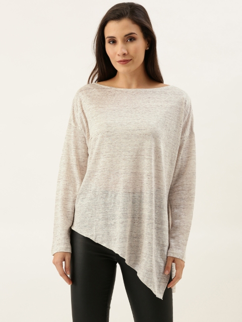 

MERAKI Women Beige & Brown Melange Striped Linen Top