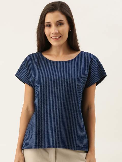 

MERAKI Women Blue Striped Pure Cotton Top