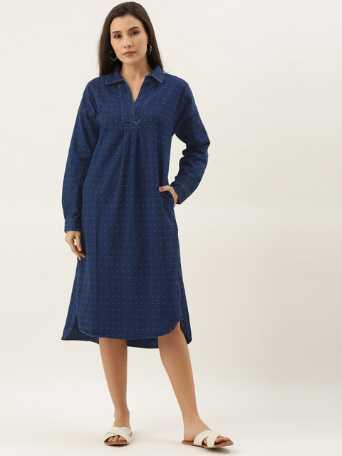 

MERAKI Women Blue Self Design A-Line Dress
