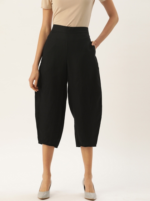 

MERAKI Women Black Loose Fit Solid Regular Sustainable Cropped Trousers