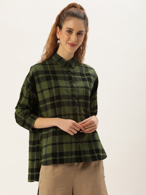 

MERAKI Women Olive Green & Black Boxy Sustainable Checked Casual Shirt