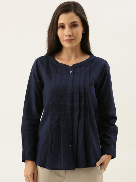 

MERAKI Women Navy Blue Solid Linen Sustainable Top With Pleated Detail