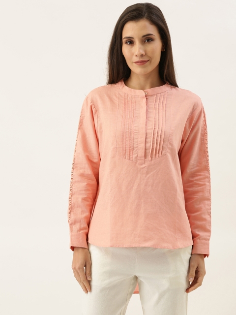 

MERAKI Women Peach-Coloured Solid Sustainable Linen Top with Gatherers