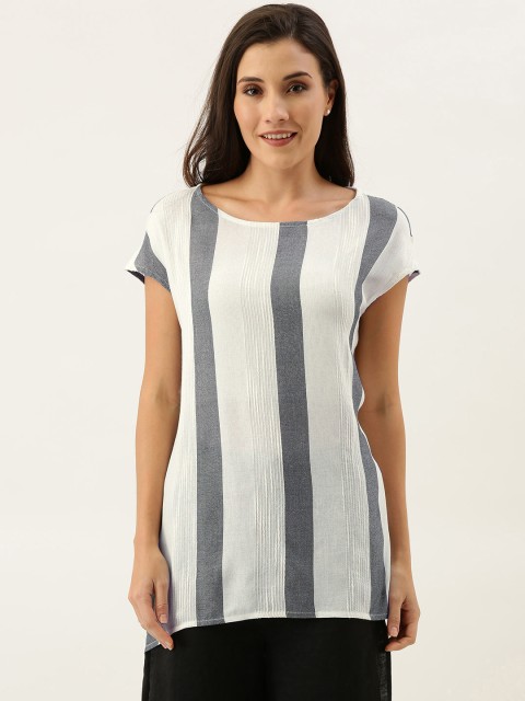 

MERAKI Women White & Navy Blue Sustainable Striped Top