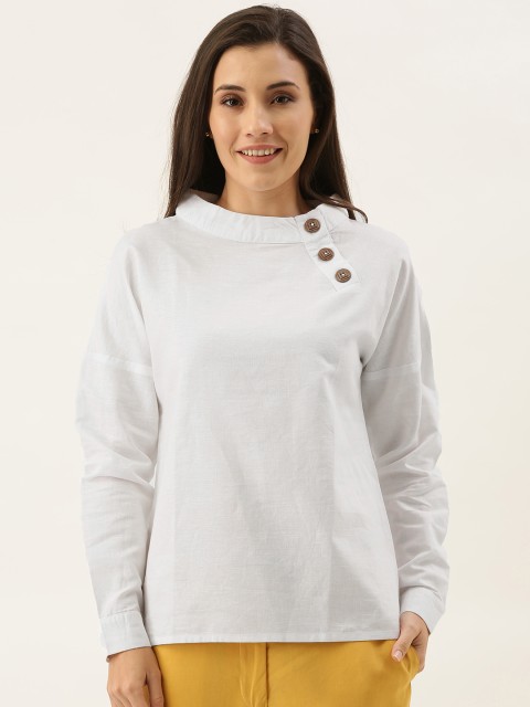 

MERAKI Women White Solid Sustainable Linen Top