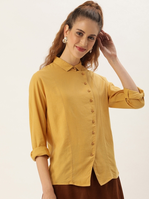 

MERAKI Women Mustard Yellow Linen Regular Fit Solid Sustainable Casual Shirt