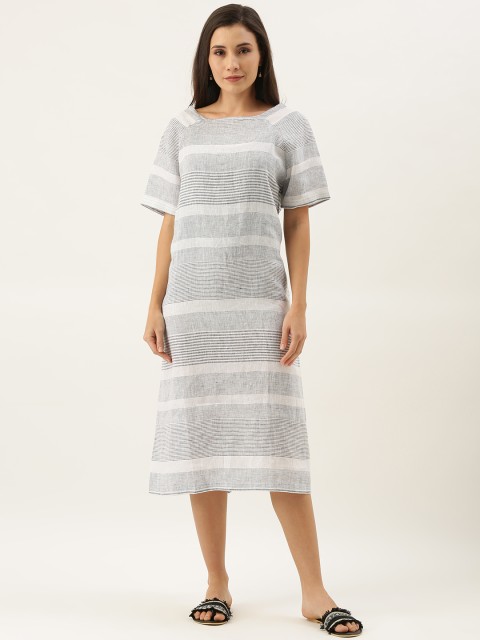 

MERAKI Women Grey & Black Dye Striped Linen Sustainable Sheath Dress
