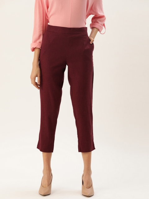 

MERAKI Women Maroon Stretch Slim Fit Solid Regular Sustainable Cropped Trousers