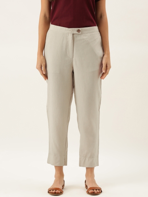 

MERAKI Women Beige Straight Fit Solid Cropped Sustainable Cigarette Trousers