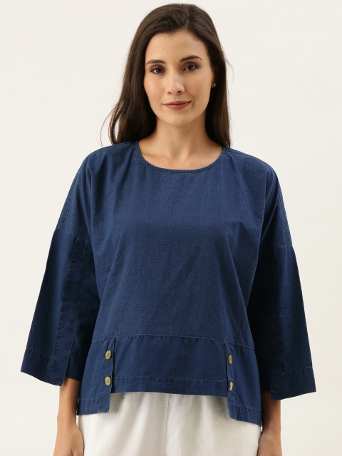 

MERAKI Women Navy Blue Self Design Sustainable Pure Cotton Top