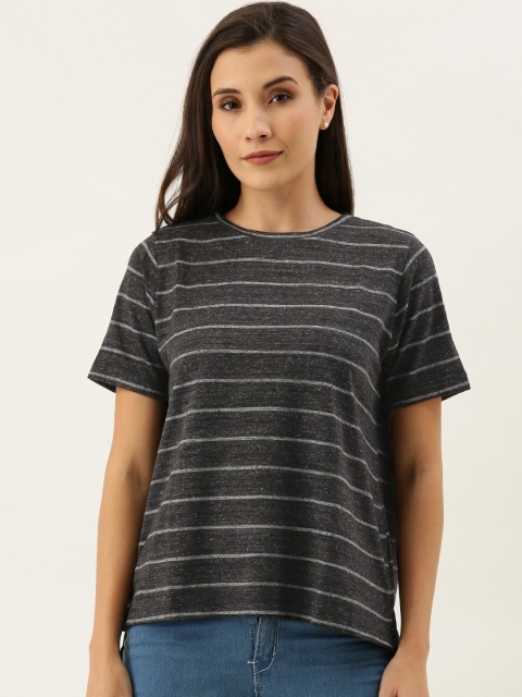 

MERAKI Women Charcoal Grey Striped Round Neck Linen Sustainable T-shirt