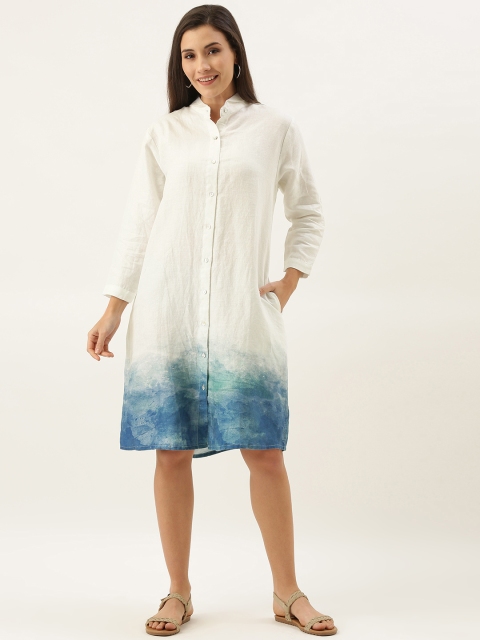 

MERAKI Women White & Teal Blue Placement Dyed Linen Sustainable Shirt Dress
