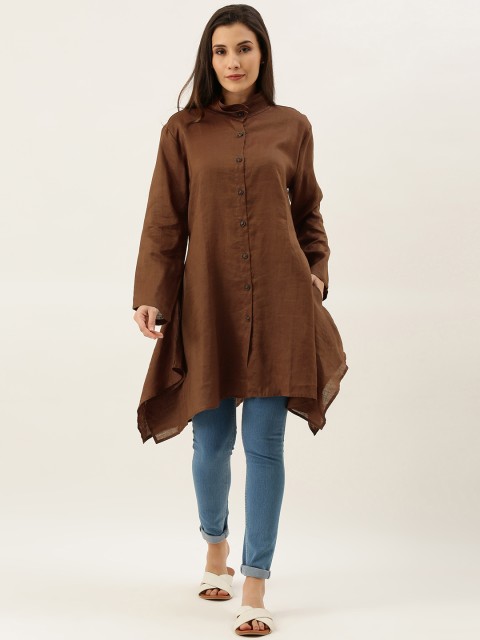 

MERAKI Women Brown Solid Ramie Asymmetric Flared Tunic
