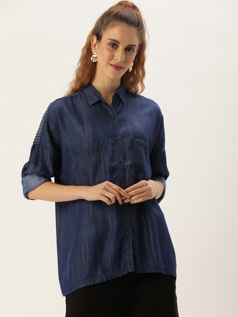 

MERAKI Women Blue Boxy Solid Casual Sustainable Shirt With Embroidered Detail
