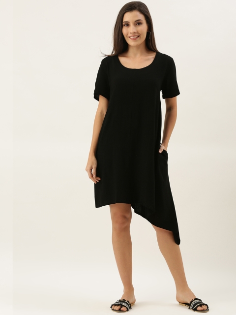 

MERAKI Women Black Self Design Asymmetric Sustainable A-Line Dress