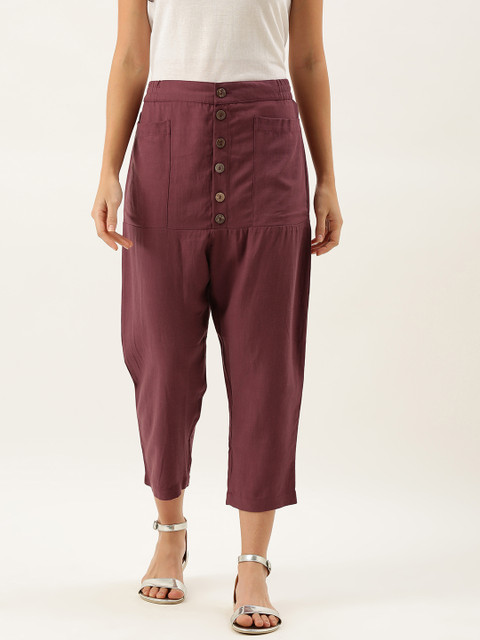 

MERAKI Women Maroon Comfort Tapered Fit Solid Cropped Regular Sustainable Trousers
