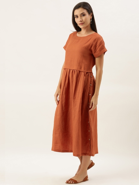

MERAKI Women Rust Orange & Black Self-Striped Linen Sustainable A-Line Dress
