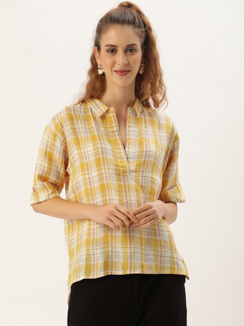 

MERAKI Women Mustard Yellow & White Checked Shirt Style Sustainable Top