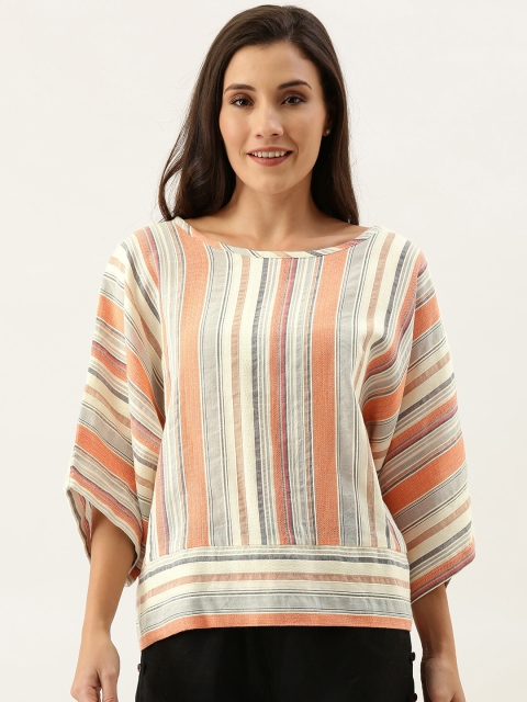 

MERAKI Women Off-White & Orange Striped Sustainable Boxy Top