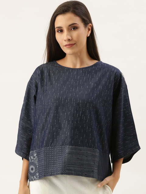 

MERAKI Women Blue & White Printed Chambray Sustainable Boxy Pure Cotton Top
