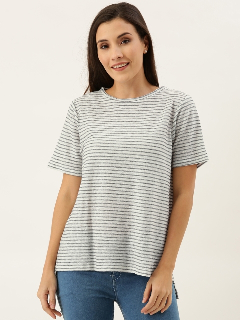 

MERAKI Women White & Navy Blue Striped Round Neck Sustainable T-shirt
