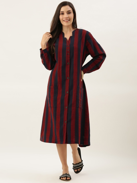 

MERAKI Women Red & Navy Blue Striped Sustainable Shirt Dress