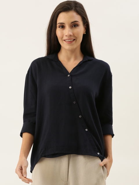 

MERAKI Women Navy Blue Regular Fit Solid Casual High-Low Wrap Style Sustainable Shirt