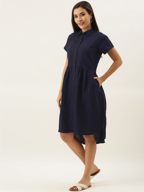 

MERAKI Women Navy Blue Solid Linen Sustainable Shirt Dress