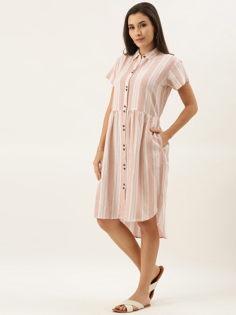 

MERAKI Women Pink & Off-White Striped Sustainable Shirt Dress