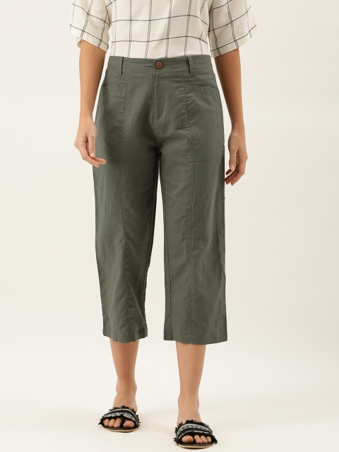 

MERAKI Women Olive Green Straight Fit Solid Cropped Linen Parallel Sustainable Trousers