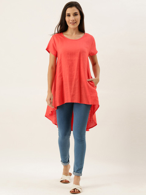 

MERAKI Women Coral Red Solid Linen Sustainable High-low Tunic