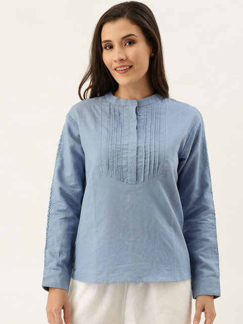 

MERAKI Women Blue Solid Linen Sustainable Top