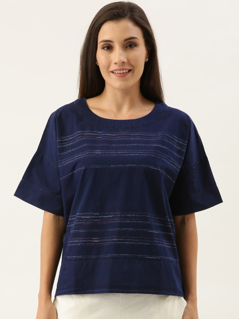 

MERAKI Women Blue & White Striped Sustainable Boxy Top
