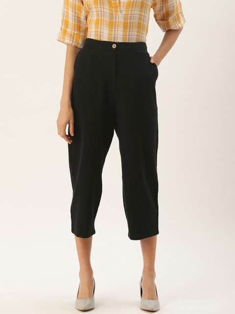 

MERAKI Women Black Slim Fit Self Design Peg Trousers