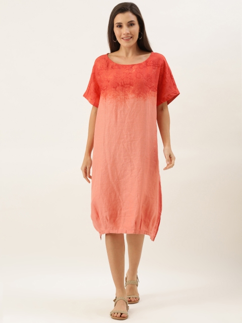 

MERAKI Women Peach-Coloured & Rust Orange Printed Sheath Linen Sustainable Dress