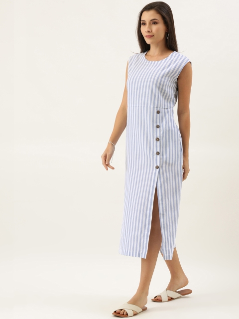 

MERAKI Women Blue & White Striped Sustainable Sheath Dress with Slit Detail