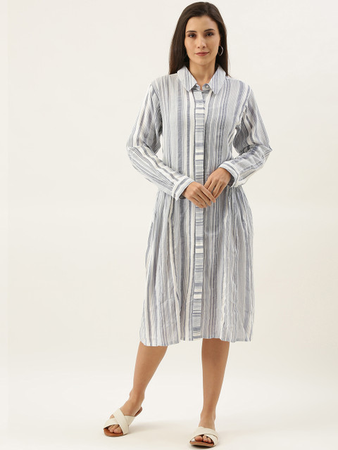 

MERAKI Women Blue & White Striped Sustainable Shirt Dress